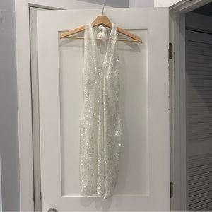 AKIRA White Sheer Sequin Halter Bodycon Dress